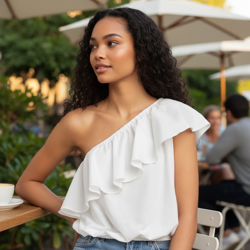 A New Day One-Shoulder Ruffle Blouse White (Nwt, Size Small)